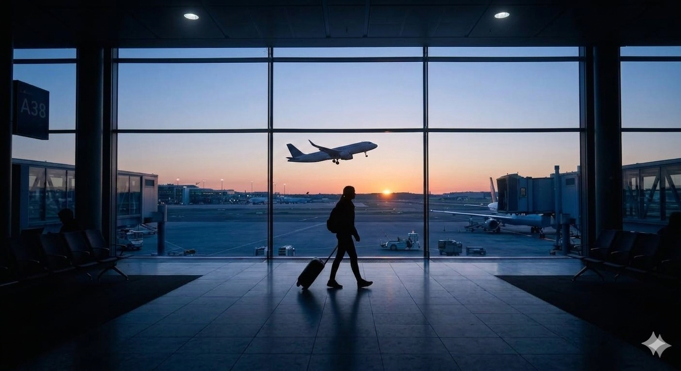 gray scale image of somone walking through the aiport early morning