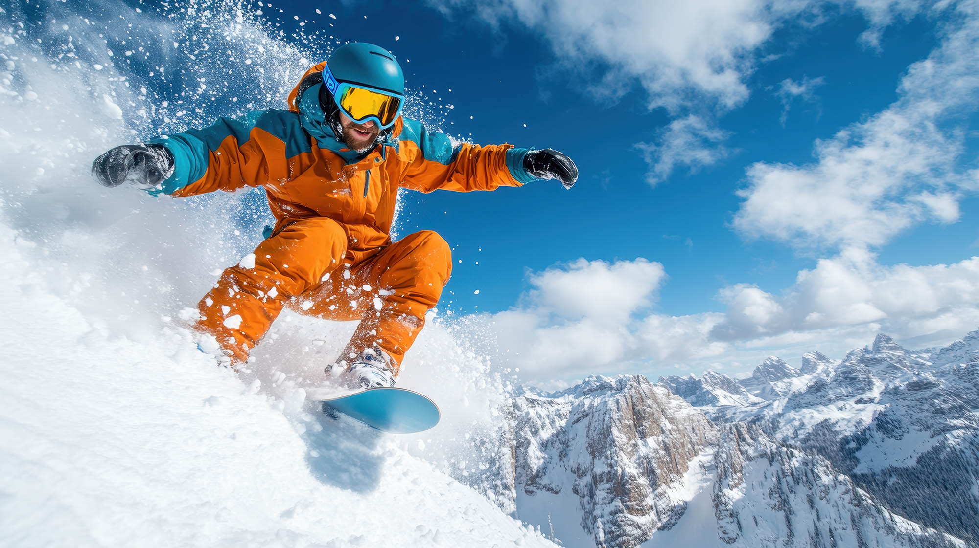Winter snow-boarder in the mountains